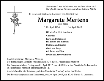 Anzeige von Margarete Mertens von Kölner Stadt-Anzeiger / Kölnische Rundschau / Express