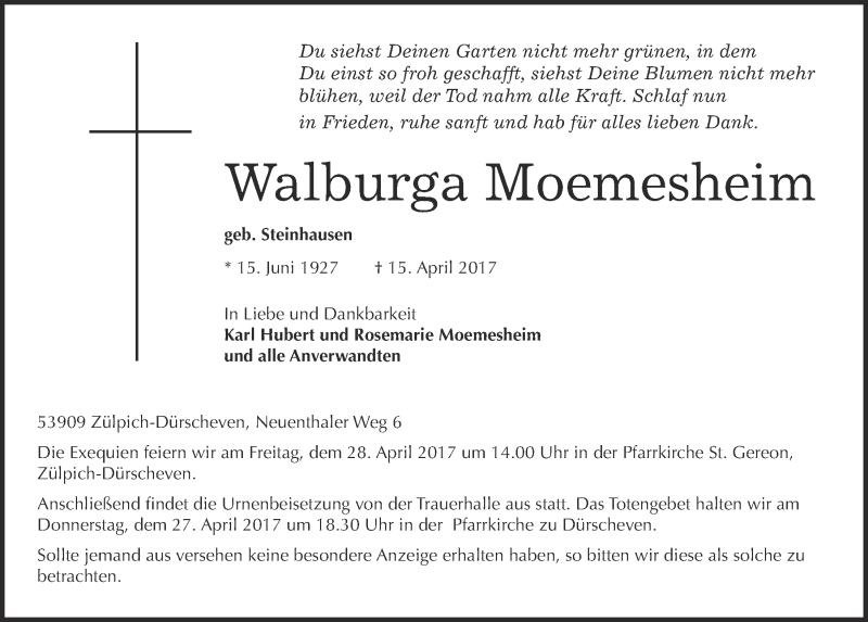  Traueranzeige für Walburga Moemesheim vom 22.04.2017 aus  Blickpunkt Euskirchen 