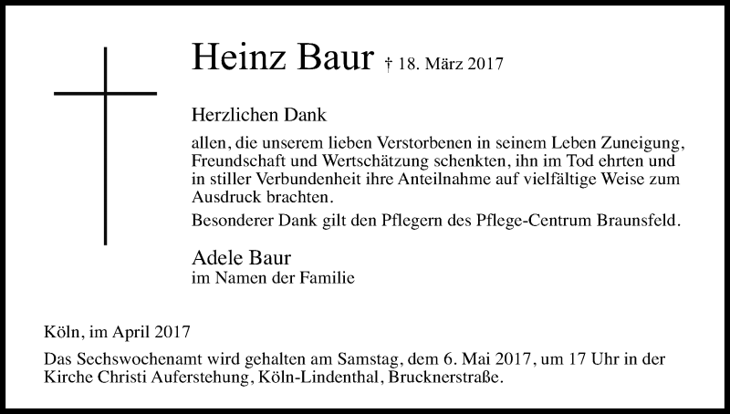 Traueranzeige für Heinz Baur vom 22.04.2017 aus Kölner Stadt-Anzeiger / Kölnische Rundschau / Express