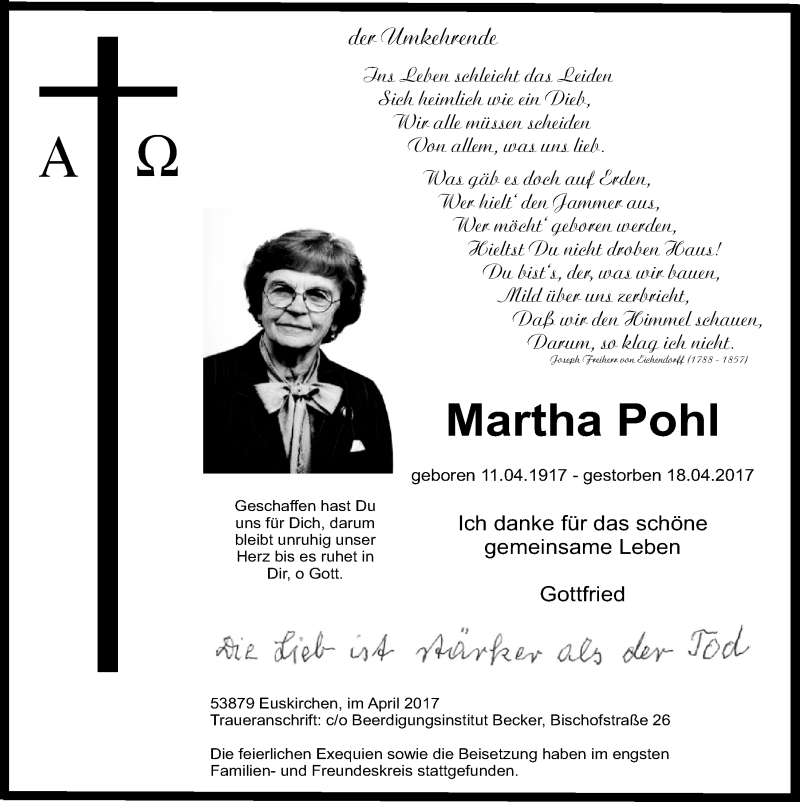 Traueranzeige für Martha Pohl vom 29.04.2017 aus  Blickpunkt Euskirchen 