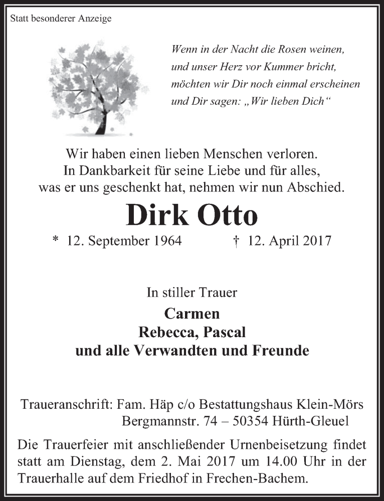  Traueranzeige für Dirk Otto vom 26.04.2017 aus  Wochenende 