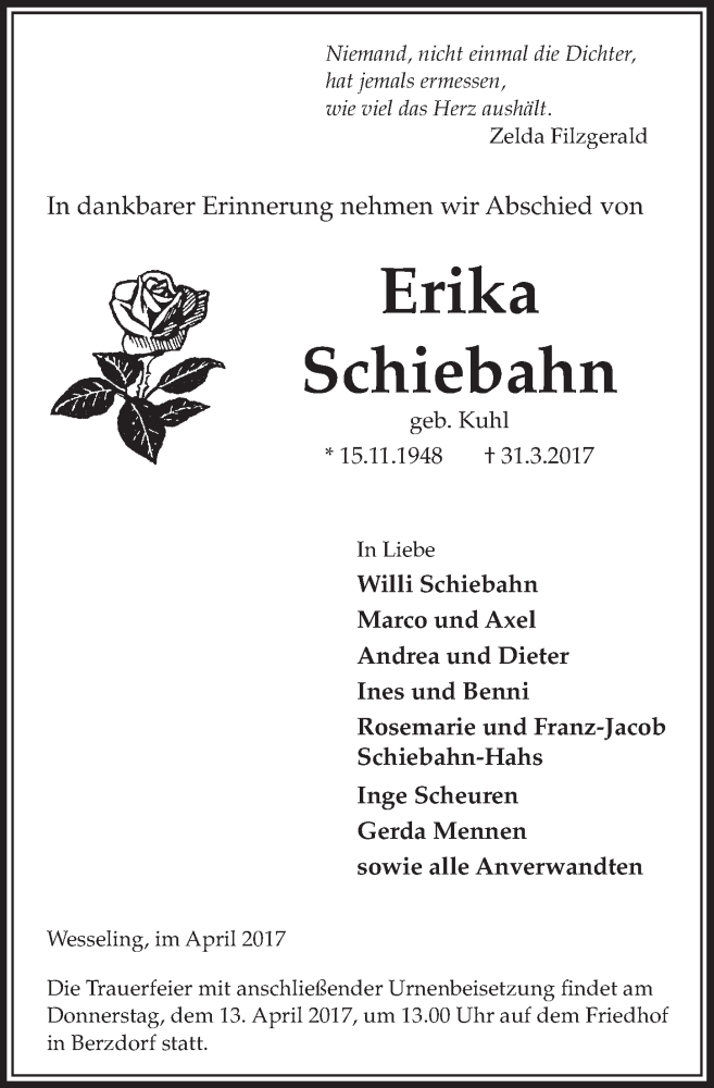  Traueranzeige für Erika Schiebahn vom 12.04.2017 aus  Schlossbote/Werbekurier 