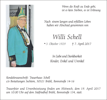 Anzeige von Willi Schell von  Schlossbote/Werbekurier 