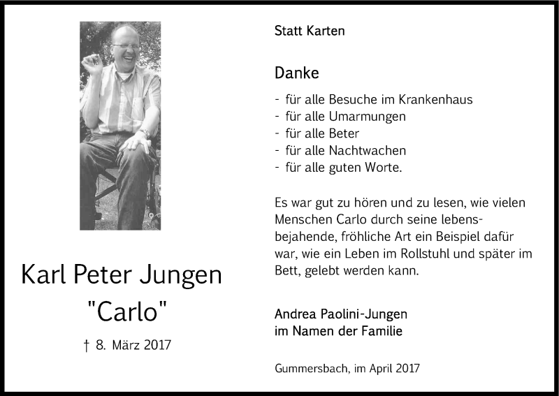  Traueranzeige für Karl Peter Jungen vom 15.04.2017 aus Kölner Stadt-Anzeiger / Kölnische Rundschau / Express
