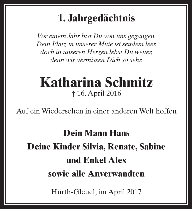  Traueranzeige für Katharina Schmitz vom 15.04.2017 aus  Sonntags-Post 
