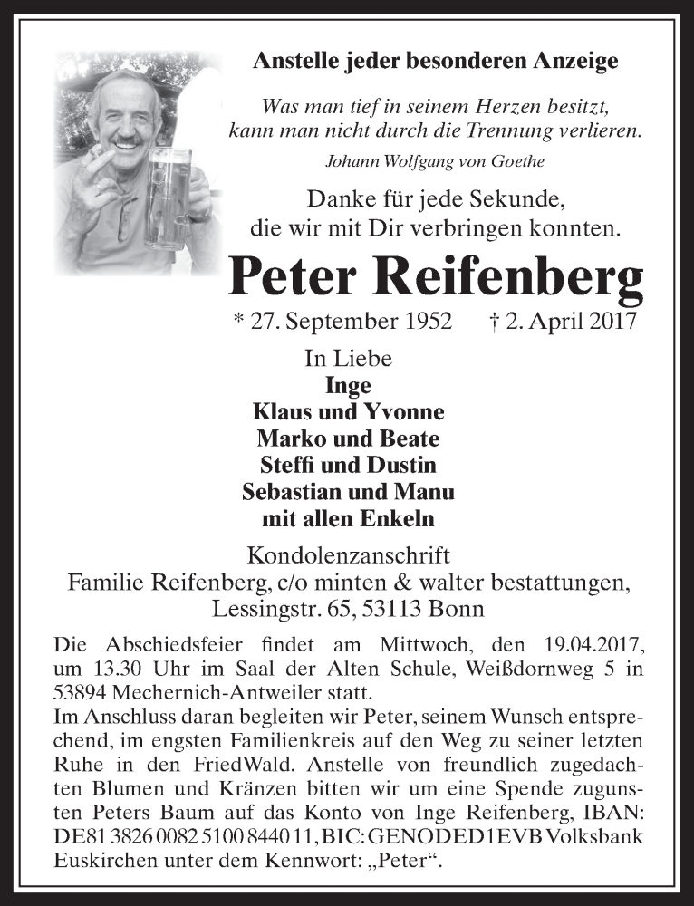  Traueranzeige für Peter Reifenberg vom 15.04.2017 aus  Blickpunkt Euskirchen 