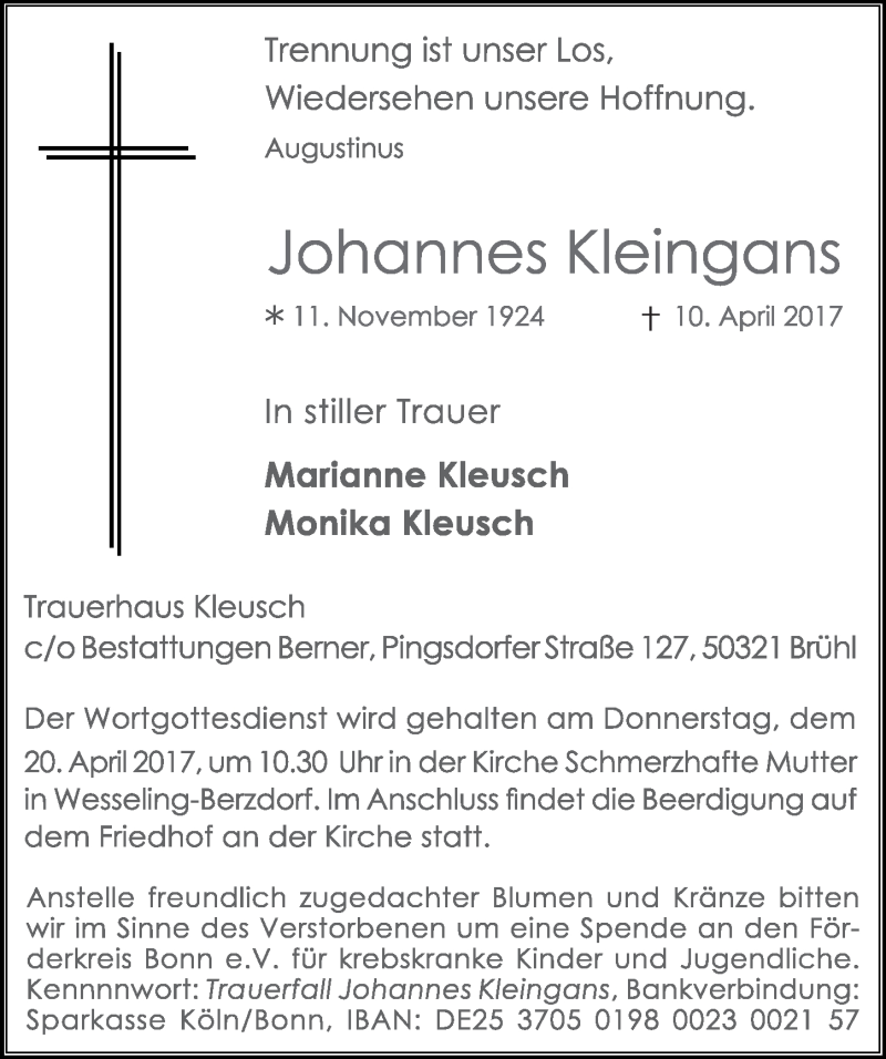  Traueranzeige für Johannes Kleingans vom 19.04.2017 aus  Schlossbote/Werbekurier 