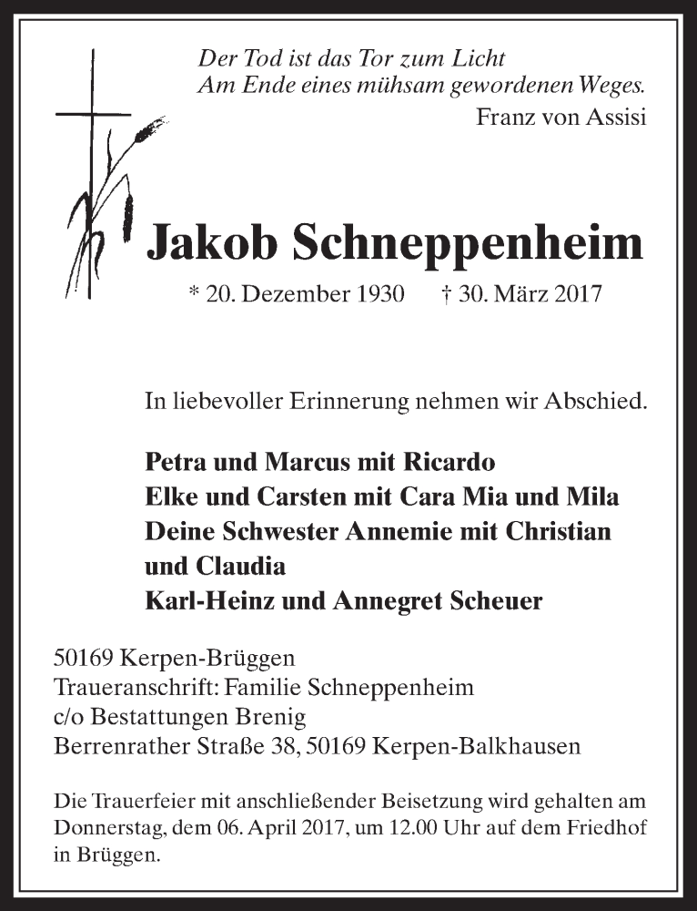 Traueranzeige für Jakob Schneppenheim vom 05.04.2017 aus  Werbepost 