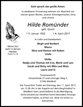 Anzeige von Hilde Romünder von Kölner Stadt-Anzeiger / Kölnische Rundschau / Express
