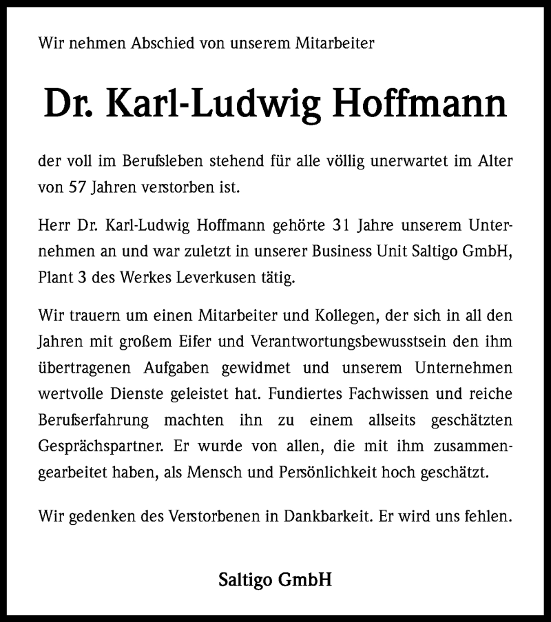  Traueranzeige für Karl-Ludwig Hoffmann vom 12.04.2017 aus Kölner Stadt-Anzeiger / Kölnische Rundschau / Express