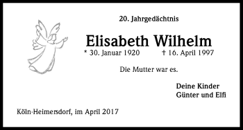 Anzeige von Elisabeth Wilhelm von Kölner Stadt-Anzeiger / Kölnische Rundschau / Express