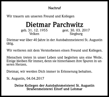 Anzeige von Dietmar Parchwitz von Kölner Stadt-Anzeiger / Kölnische Rundschau / Express