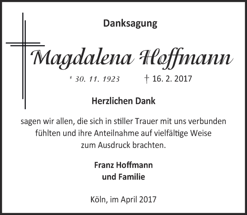  Traueranzeige für Magdalena Hoffmann vom 05.04.2017 aus  Kölner Wochenspiegel 