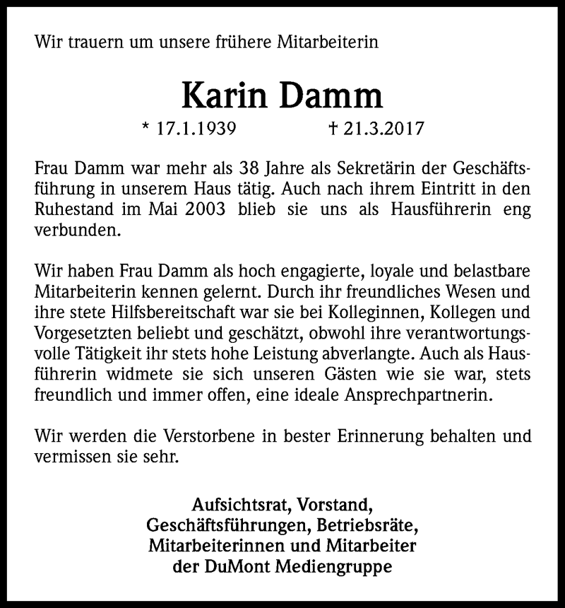  Traueranzeige für Karin Damm vom 01.04.2017 aus Kölner Stadt-Anzeiger / Kölnische Rundschau / Express