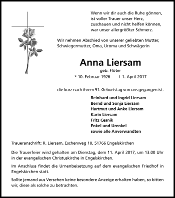 Anzeige von Anna Liersam von Kölner Stadt-Anzeiger / Kölnische Rundschau / Express