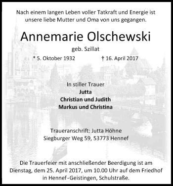 Anzeige von Annemarie Olschewski von Kölner Stadt-Anzeiger / Kölnische Rundschau / Express