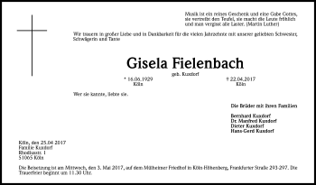 Anzeige von Gisela Fielenbach von Kölner Stadt-Anzeiger / Kölnische Rundschau / Express