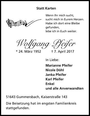Anzeige von Wolfgang Pfeifer von Kölner Stadt-Anzeiger / Kölnische Rundschau / Express