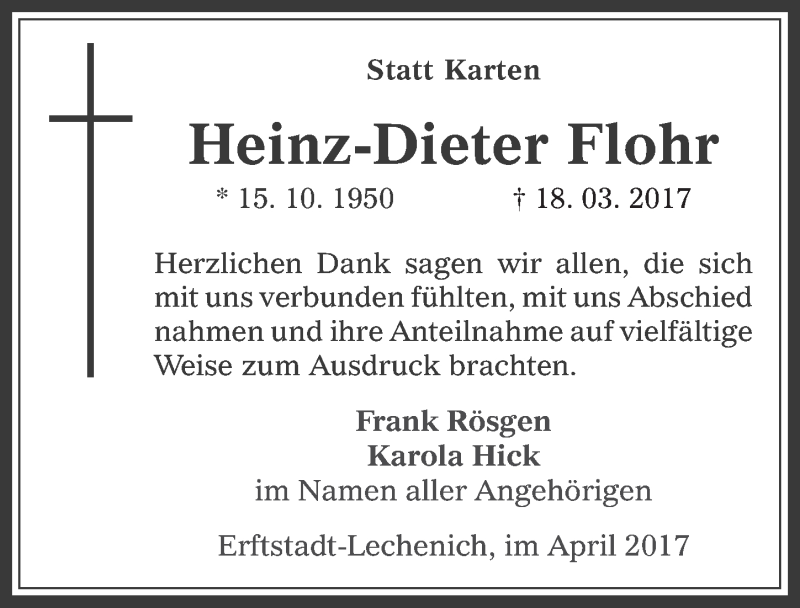  Traueranzeige für Heinz-Dieter Flohr vom 26.04.2017 aus  Werbepost 
