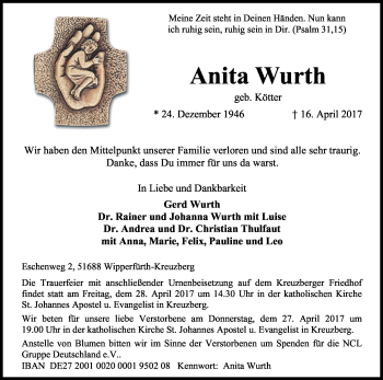 Anzeige von Anita Wurth von Kölner Stadt-Anzeiger / Kölnische Rundschau / Express