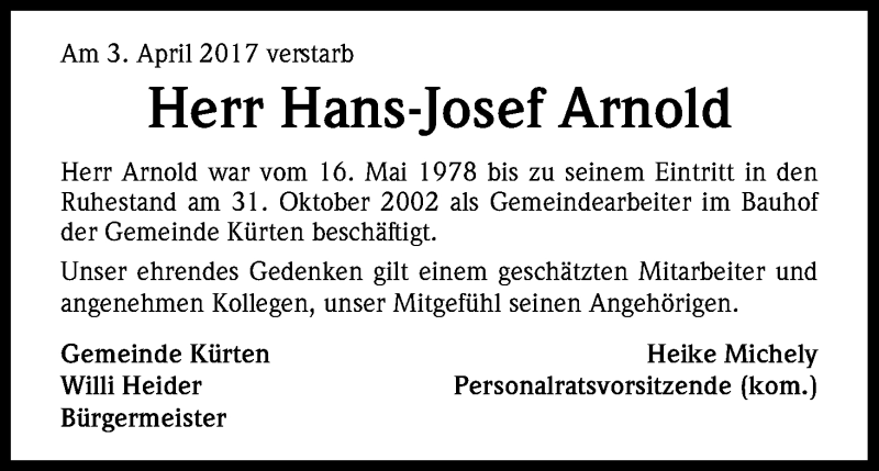  Traueranzeige für Hans-Josef Arnold vom 10.04.2017 aus Kölner Stadt-Anzeiger / Kölnische Rundschau / Express