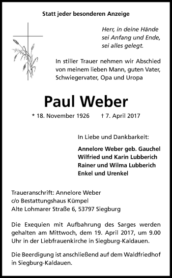 Anzeige von Paul Weber von Kölner Stadt-Anzeiger / Kölnische Rundschau / Express