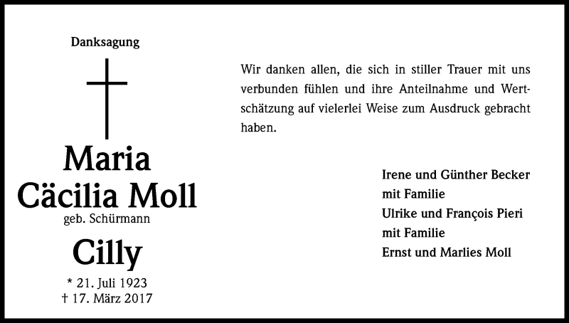  Traueranzeige für Maria Cäcilia Moll vom 22.04.2017 aus Kölner Stadt-Anzeiger / Kölnische Rundschau / Express