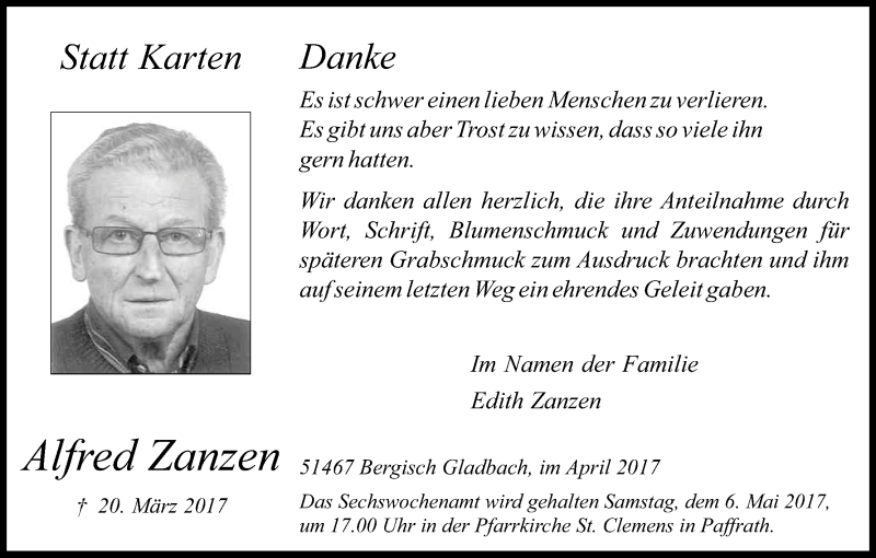  Traueranzeige für Alfred Zanzen vom 15.04.2017 aus Kölner Stadt-Anzeiger / Kölnische Rundschau / Express