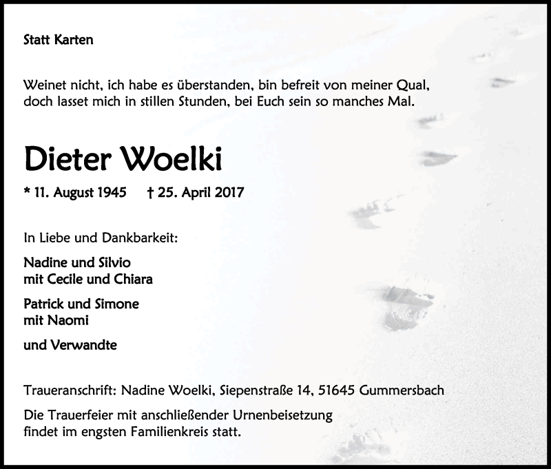  Traueranzeige für Dieter Woelki vom 01.05.2017 aus Kölner Stadt-Anzeiger / Kölnische Rundschau / Express