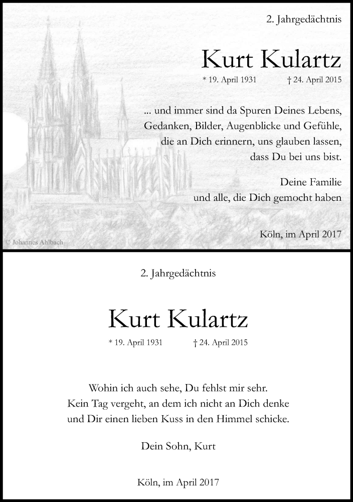  Traueranzeige für Kurt Kulartz vom 22.04.2017 aus Kölner Stadt-Anzeiger / Kölnische Rundschau / Express
