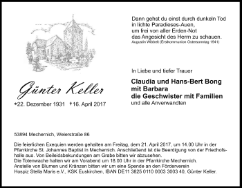 Anzeige von Günter Keller von Kölner Stadt-Anzeiger / Kölnische Rundschau / Express