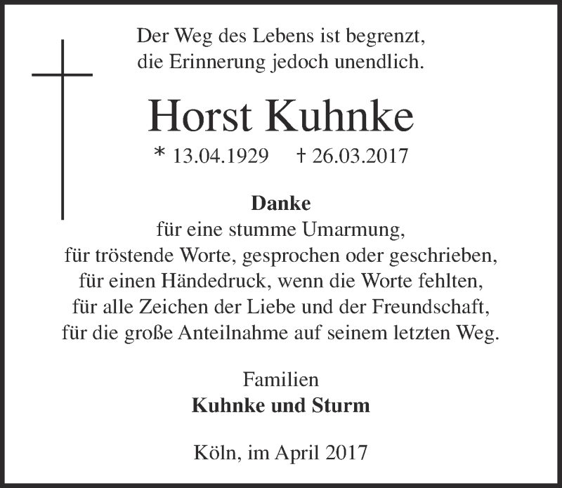  Traueranzeige für Horst Kuhnke vom 26.04.2017 aus  Kölner Wochenspiegel 
