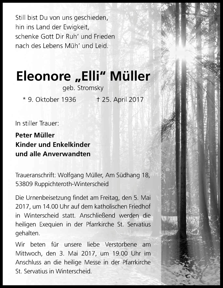  Traueranzeige für Eleonore Müller vom 28.04.2017 aus Kölner Stadt-Anzeiger / Kölnische Rundschau / Express