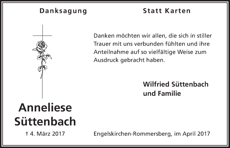  Traueranzeige für Anneliese Süttenbach vom 12.04.2017 aus  Anzeigen Echo 