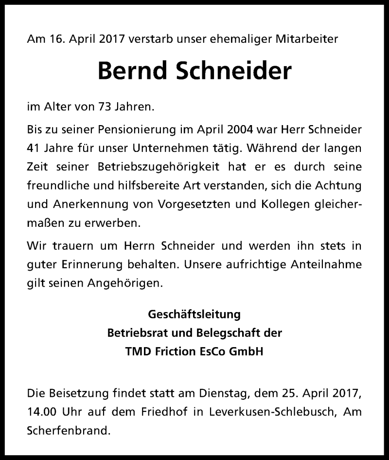  Traueranzeige für Bernd Schneider vom 25.04.2017 aus Kölner Stadt-Anzeiger / Kölnische Rundschau / Express