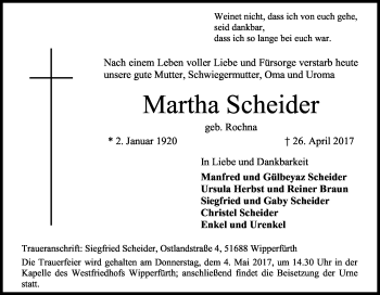 Anzeige von Martha Scheider von Kölner Stadt-Anzeiger / Kölnische Rundschau / Express
