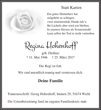 Anzeige von Regina Hohenhoff von  Lokalanzeiger 