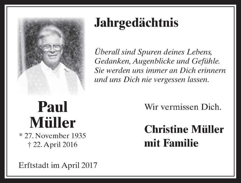  Traueranzeige für Paul Müller vom 19.04.2017 aus  Werbepost 