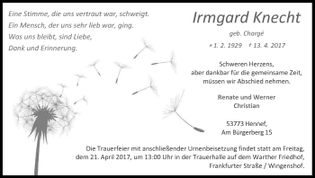 Anzeige von Irmgard Knecht von Kölner Stadt-Anzeiger / Kölnische Rundschau / Express