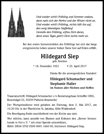 Anzeige von Hildegard Siep von Kölner Stadt-Anzeiger / Kölnische Rundschau / Express