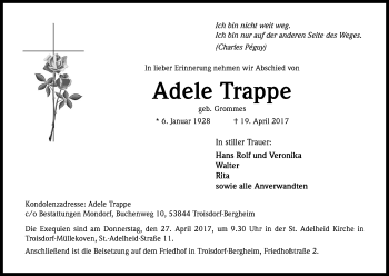 Anzeige von Adele Trappe von Kölner Stadt-Anzeiger / Kölnische Rundschau / Express