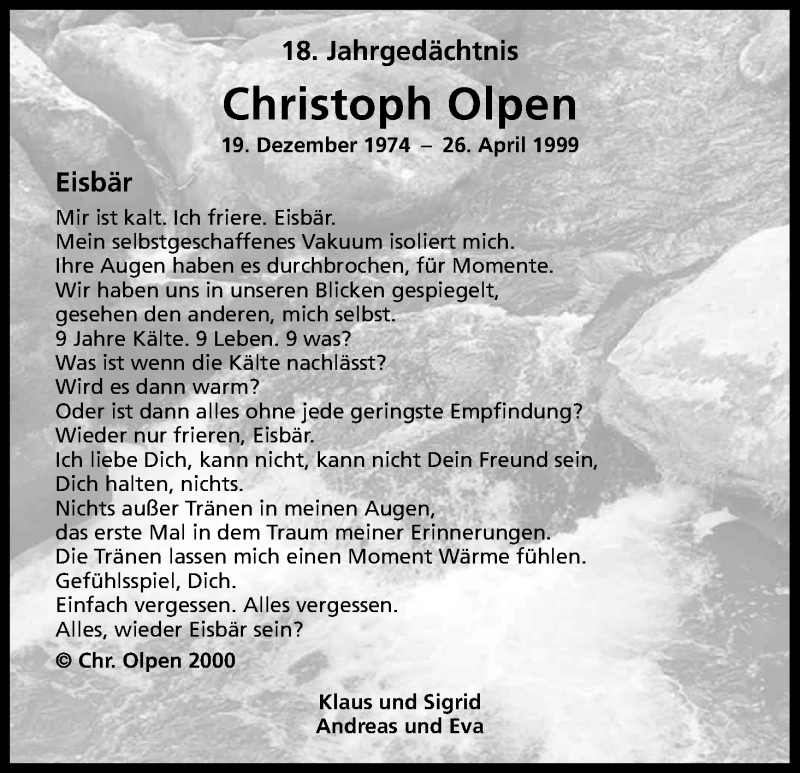  Traueranzeige für Christoph Olpen vom 26.04.2017 aus Kölner Stadt-Anzeiger / Kölnische Rundschau / Express