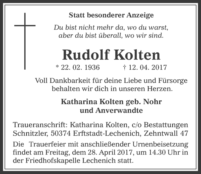  Traueranzeige für Rudolf Kolten vom 26.04.2017 aus  Werbepost 