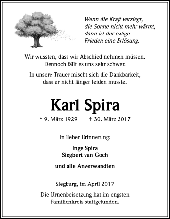 Anzeige von Karl Spira von Kölner Stadt-Anzeiger / Kölnische Rundschau / Express