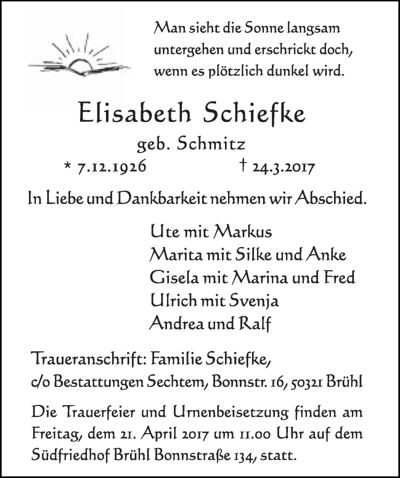  Traueranzeige für Elisabeth Schiefke vom 05.04.2017 aus  Schlossbote/Werbekurier 