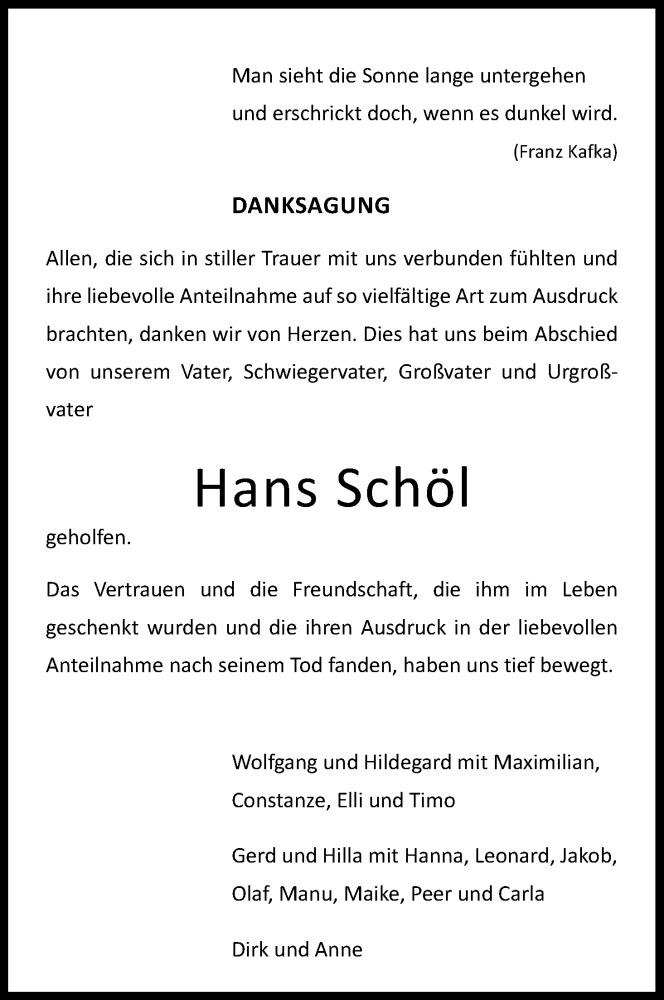  Traueranzeige für Hans Schöl vom 08.04.2017 aus Kölner Stadt-Anzeiger / Kölnische Rundschau / Express