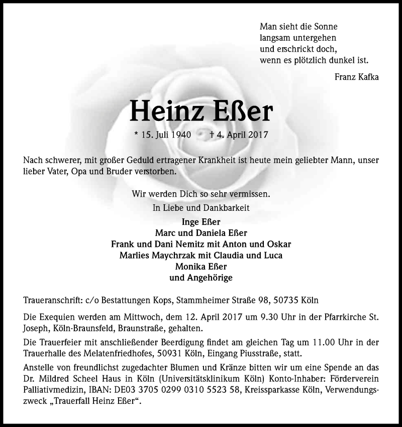  Traueranzeige für Heinz Eßer vom 08.04.2017 aus Kölner Stadt-Anzeiger / Kölnische Rundschau / Express