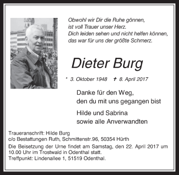 Anzeige von Dieter Burg von  Wochenende 