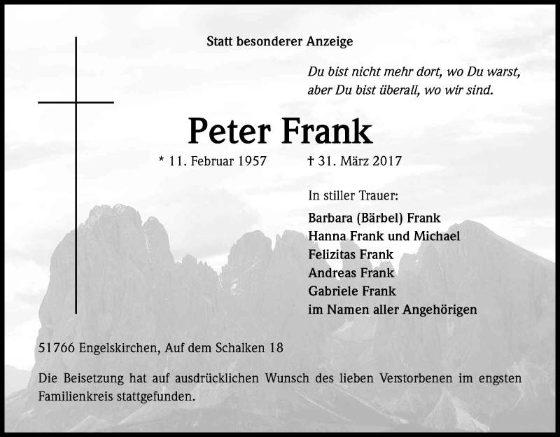  Traueranzeige für Peter Frank vom 06.04.2017 aus Kölner Stadt-Anzeiger / Kölnische Rundschau / Express