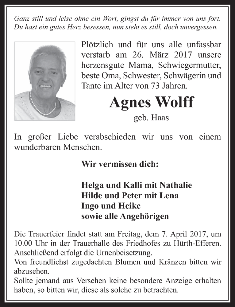  Traueranzeige für Agnes Wolff vom 05.04.2017 aus  Wochenende 